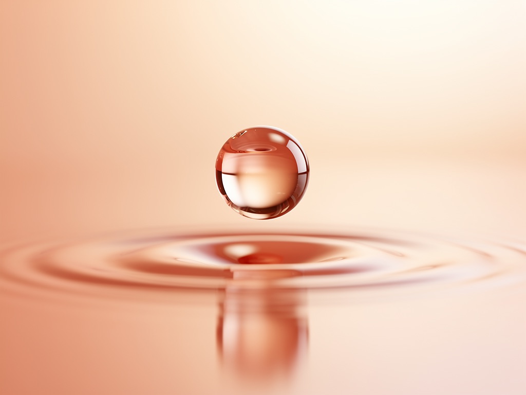 A warm coral liquid drop above soft ripples