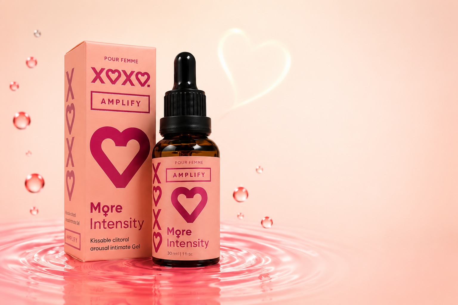 XOXO Amplify box and dropper bottle standing in a rippling pink pool