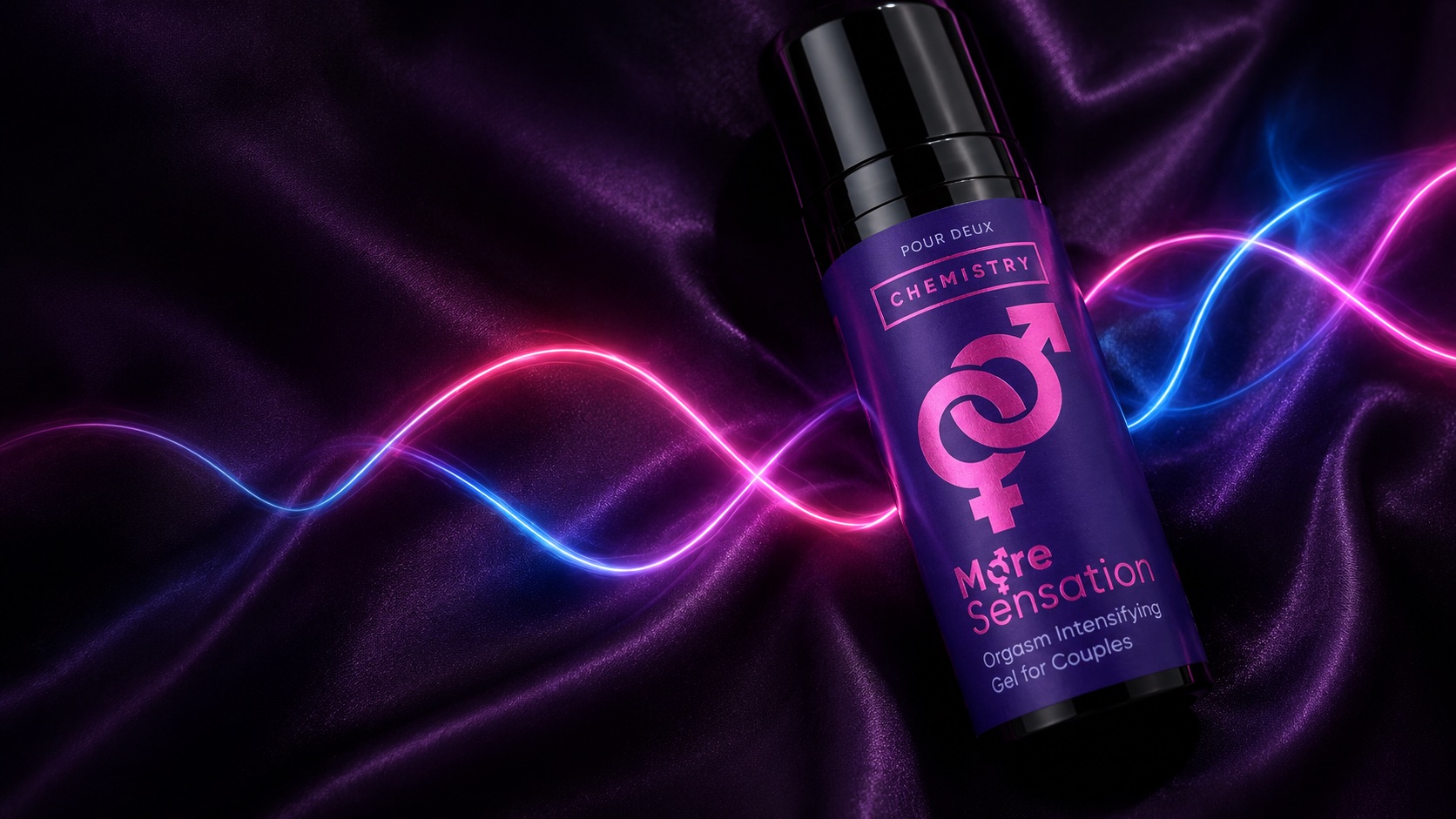 Chemistry bottle on purple satin wrapped in flowing neon light