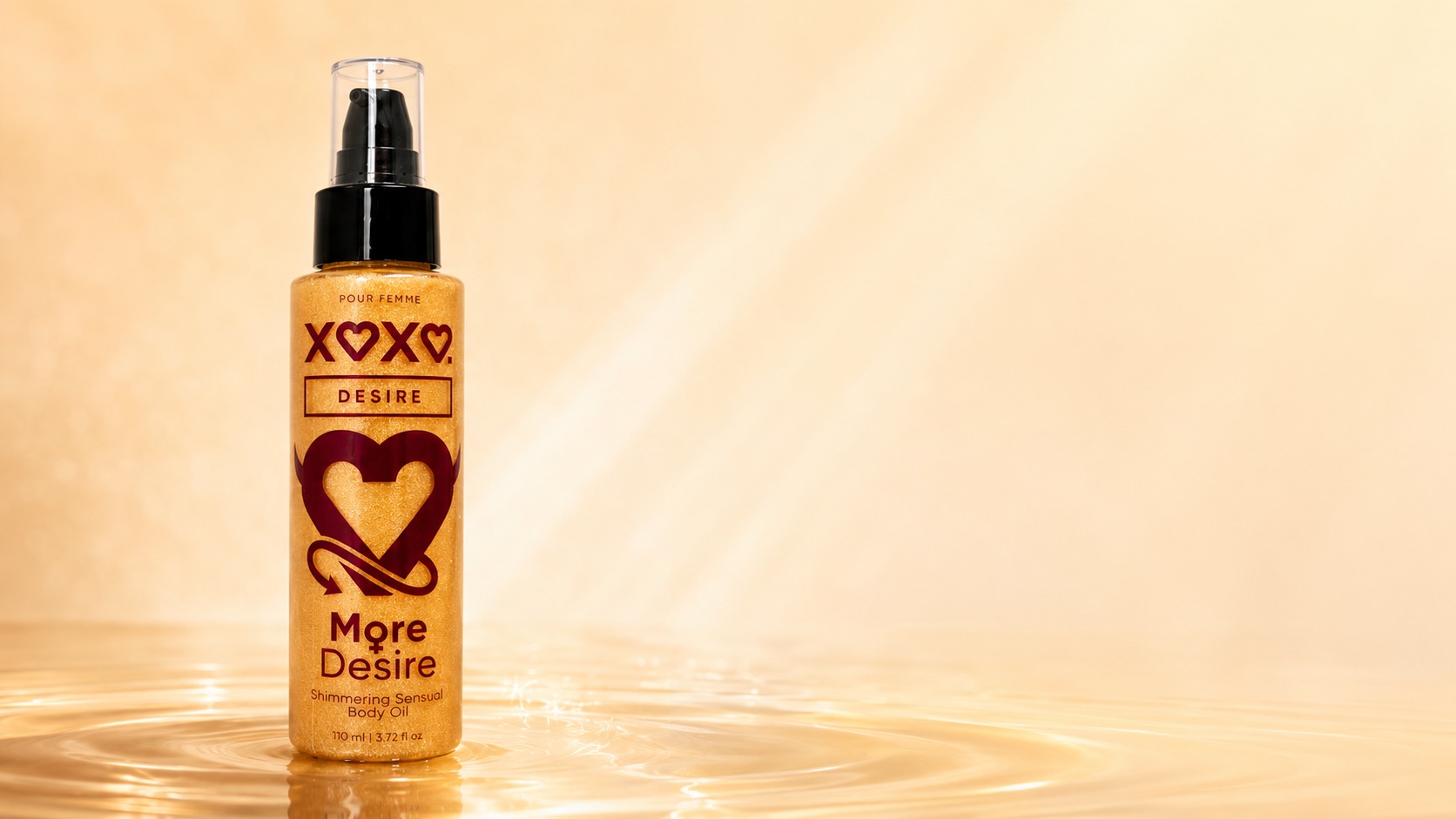 XOXO Desire golden shimmering body oil bottle standing in rippling golden liquid