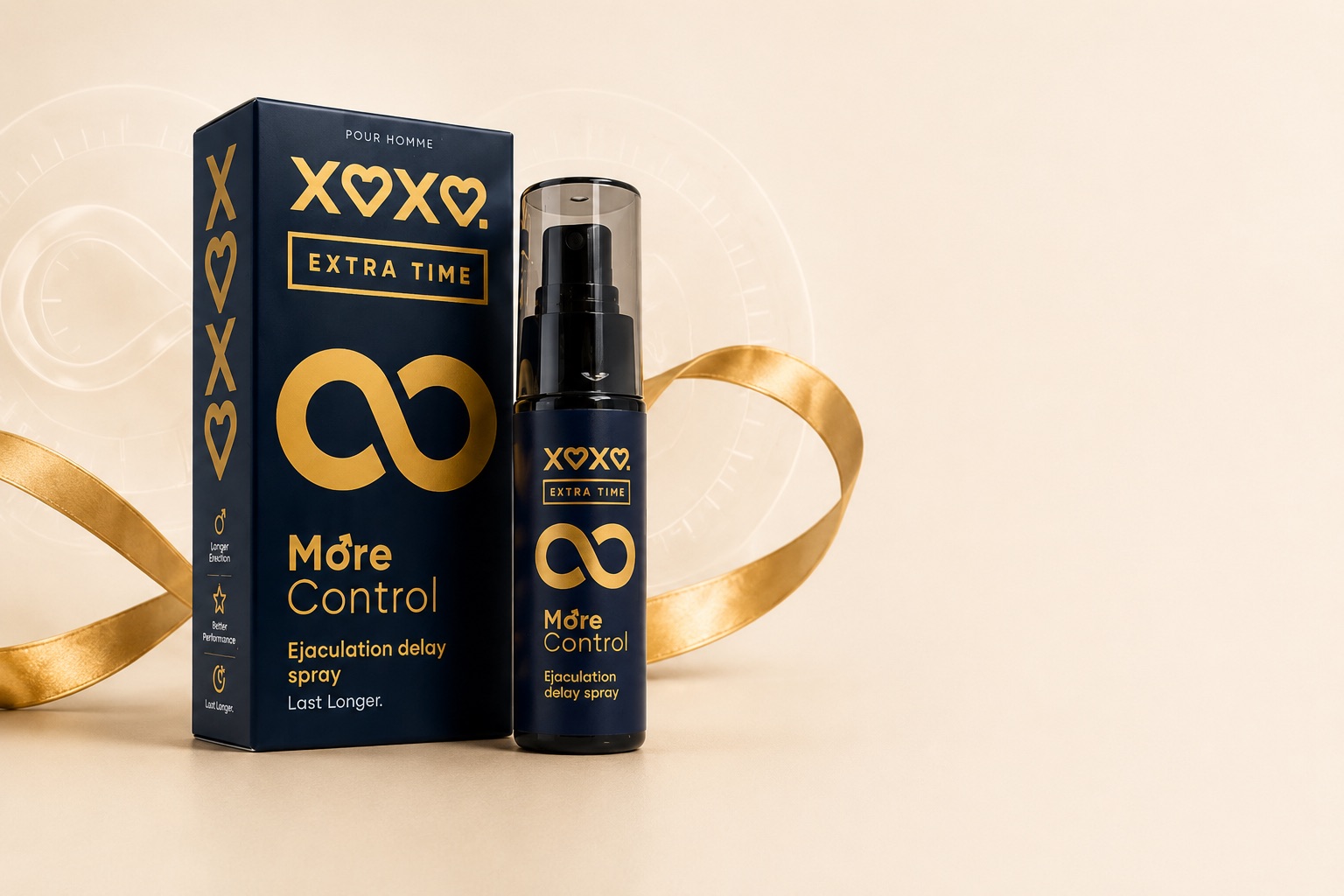 XOXO Extra Time box and navy spray bottle with a golden ribbon
