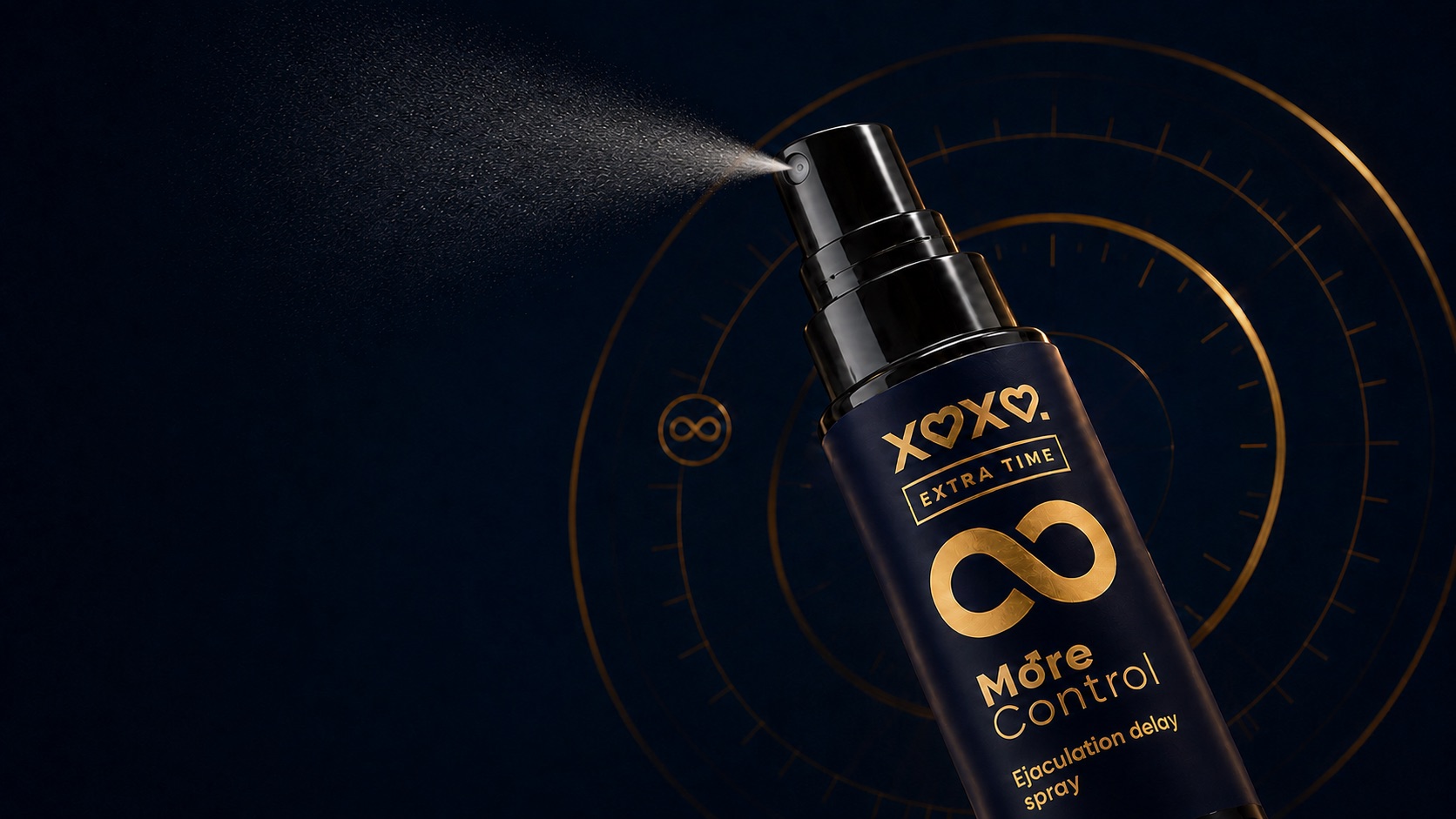 Extra Time bottle releasing a fine mist against deep navy
