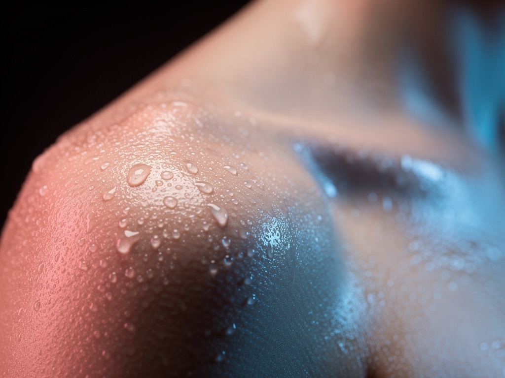 Glistening skin lit in warm pink and cool blue light