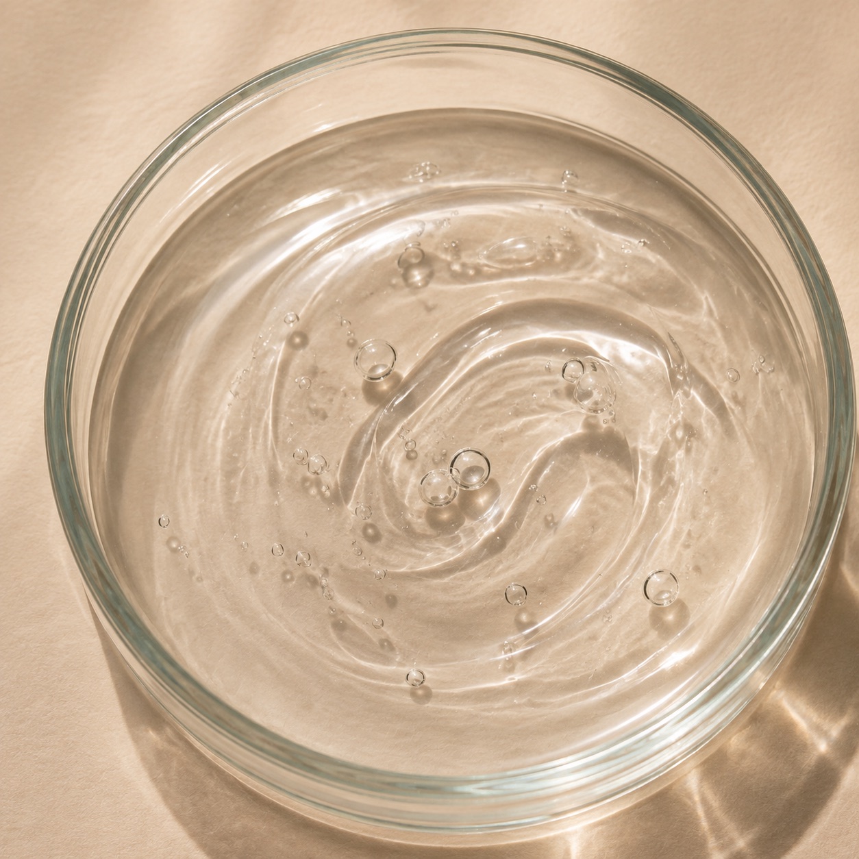 Clear formula swirling in a glass laboratory dish