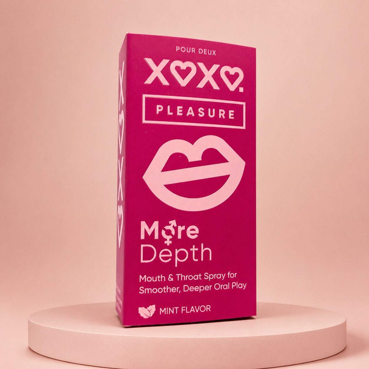 The finished XOXO Pleasure box on a blush pedestal